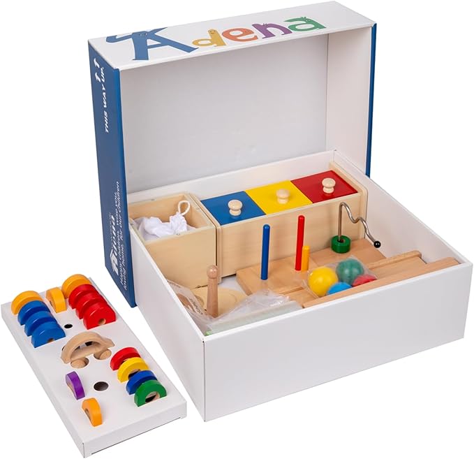 Adena Montessori Play Kit for 13-15 Month Baby,10 in 1 Wooden Learning Educational Toys for Toddler,Include Color Pegs&Rings,Object Permanence Ball Push and More,Christmas Birthday Gift for Boys Girl