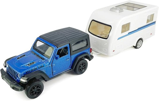 2 Doors Wrangler Rubicon SUV Model Car Trailer Towing Toy Camper RV Motorhome Toys for Boys, Doors Open, 1/36 Scale Diecast Metal Toy Cars, 3 4 5 6 7 Year Old Kids Gifts Cake Topper Home Office Decor