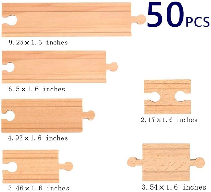 50PCS Wooden Railway Train Track Expansion Set Toy for 3 4 5 Boys Kids Christmas Birthday Gift, Straight Connectors Accessories Compatible with All Major Bands Train Tracks