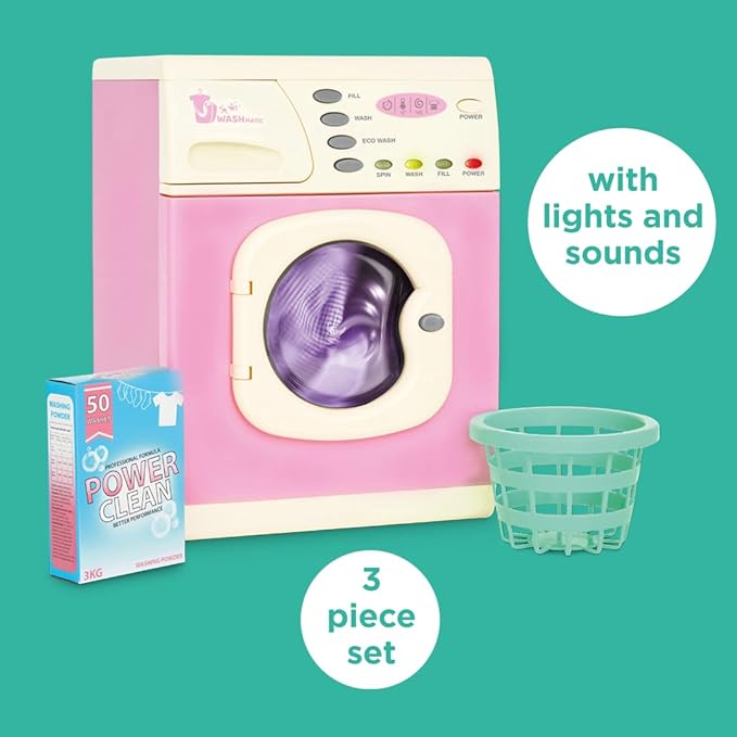 Casdon Pink Washer | Pink Toy Washing Machine for Children Aged 3+ | Features Spinning Drum & Sound Effects for Realistic Play!