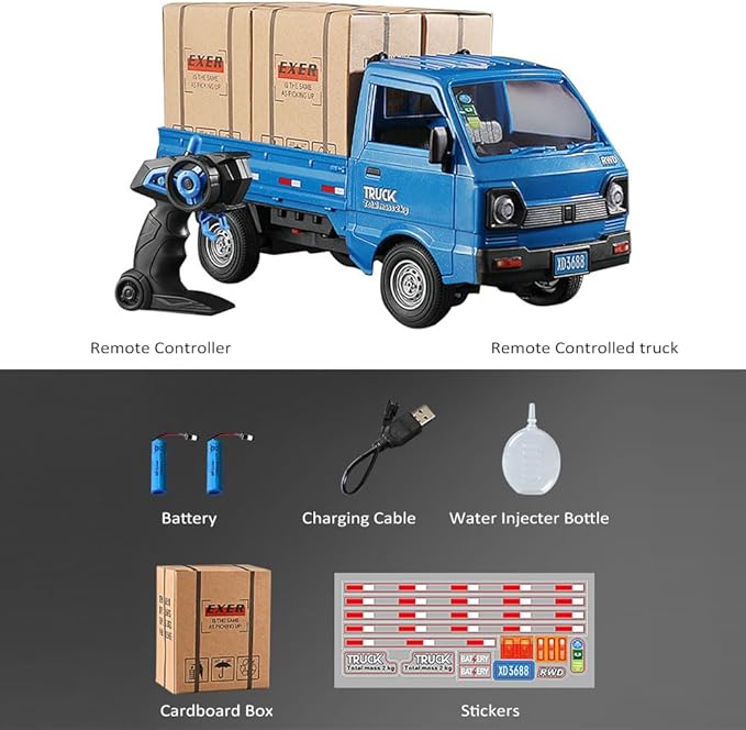 Remote Control Car RC Kei Truck,1:16 Scale RC Transporter Pickup Truck, 2.4GHz All Terrain RC Transport Cars with Spray & Light, 2 Batteries, Best Gifts Ideas for Kids Age 6 Year Old (Blue)