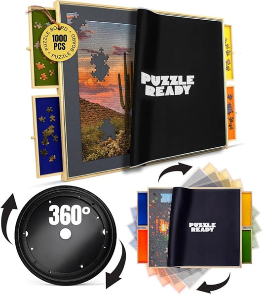 Puzzle Ready Puzzle Board with Drawers & Cover - 1000 Pieces Wooden Jigsaw Puzzle Table Mat with Lazy Susan Spinning Cover & Colorful Sorting Trays for Family - 24”x 30”