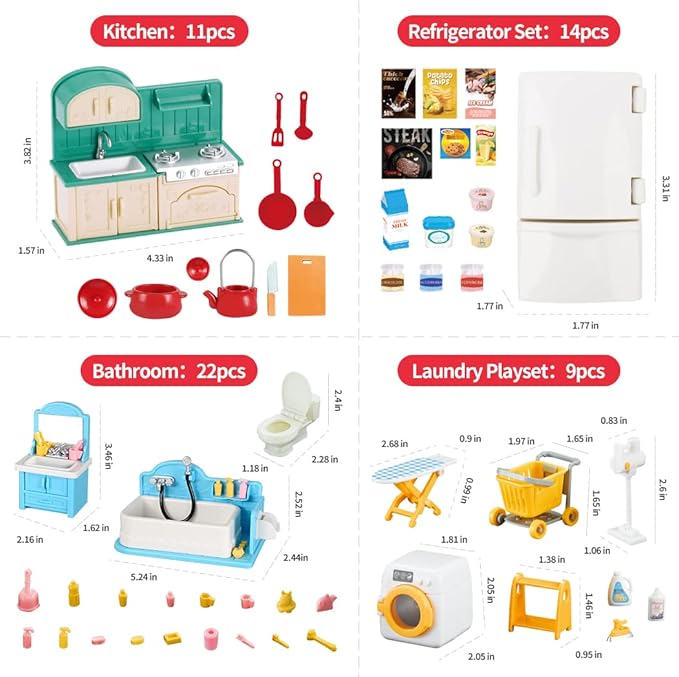 TAKIHON Dollhouse Furniture, Kitchen & Bathroom Toy Set,Fridge Washing Machine Set for Kids,Dollhouse Miniature Accessories,Educational Pretend Play Toys for Toddler,Boys & Girls