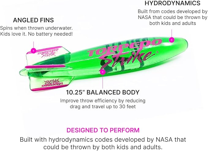 SpinFin 10.25" Large Ultra Premium Pool Torpedo Rocket Spins & Glides Up to 30 Feet Like Underwater Football for Under Water Passing Games Underwater Torpedo Diving Toy Glider (Green)