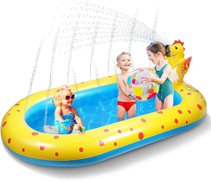 Inflatable Sprinkler Pool for Kid Family, Cute Dinosaur Sprinkler Swimming Pool, 3 in 1 Splash Play Wading Kiddie Pool for Summer Outdoor Water Play, Backyard, Garden Water Fun Toy, 67"x 41"