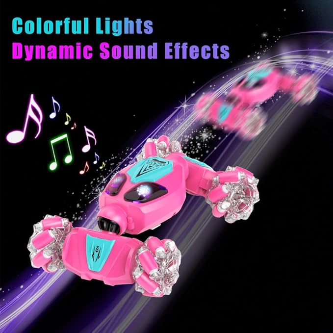FOTN Remote Control/Gesture Sensing Stunt Car,4WD All-Terrain 2.4Ghz RC Pink Dual Control Off-Road Vehicle ，Lights Music，Modular Lithium Battery, 360° Flips，Snake-Move, Boy/Girl Birthday Gift