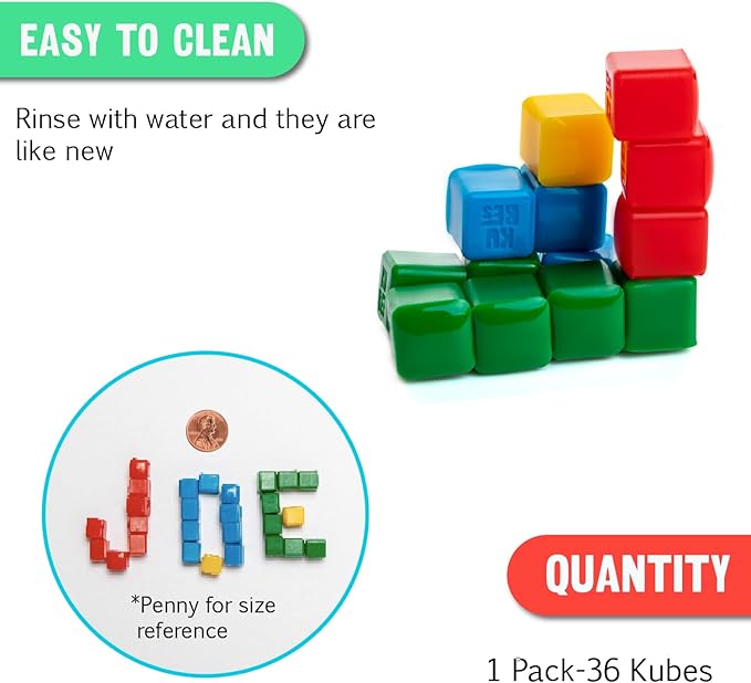 KOMARC GAMES StickiKubes, Mini Stacking Cubes That Stick to Anything, Non Toxic Kid Safe Sticky Blocks, Creative Construction Toy - 36 Cubes, 4 Colors, Display Easel