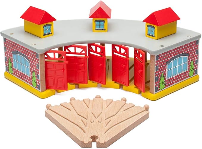 inc. Wooden Train Round House with 5-Way Switch Track for Kids, Wood Train Shed with 5 Doors. Houses 5 Engines & Cars, Compatible with Major Brand Wooden Railways