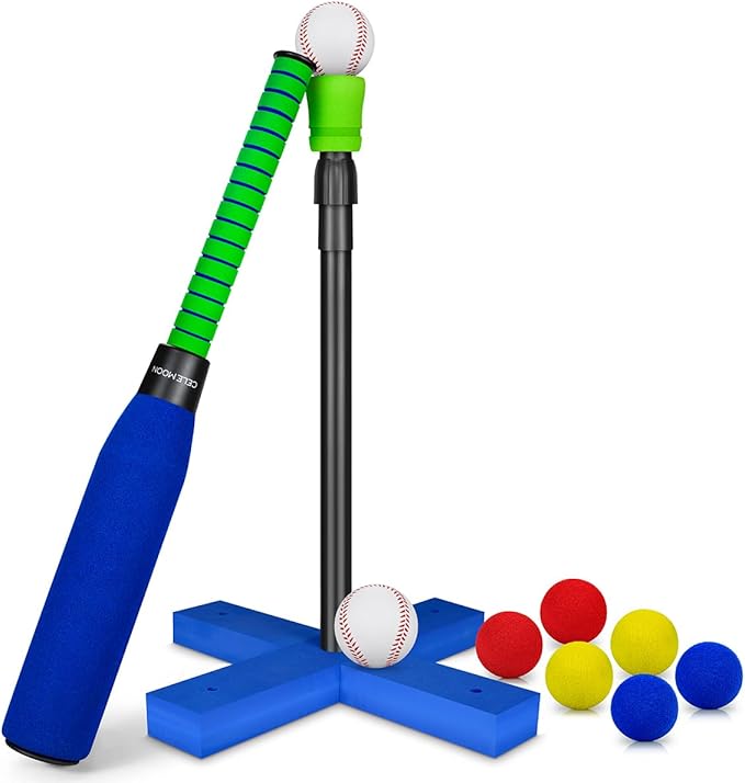 Foam Tball Set for Kids Toddlers 3-5, T Ball Baseball Softball Bat Set Adjustable Batting Tee, 8 Colored Balls, for Boys Girls 3-5 5-8 Years Indoor Outdoor Sport Playing Toys, Blue