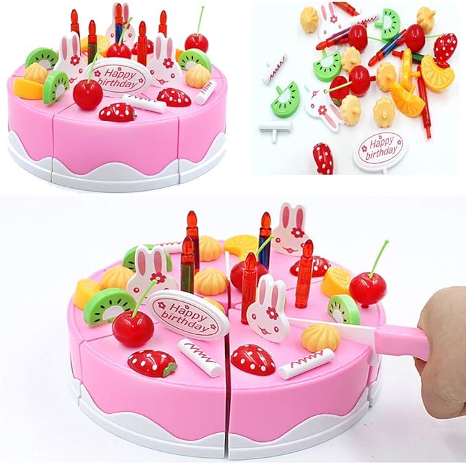 38 PCS DIY Cutting Birthday Party Cake Pretend Play Kitchen Food Set, Pink/Blue Fruit Cutting Toys for Girls Boys Gift (38PCS Pink)