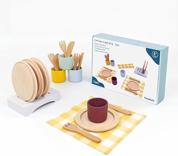 Wooden Toy Plates and Dishes Set,Play Kitchen Cutlery and Plate Set,21Piece Kids Kitchen Playset Accessories for Toddlers Boys Girls Ages 3+