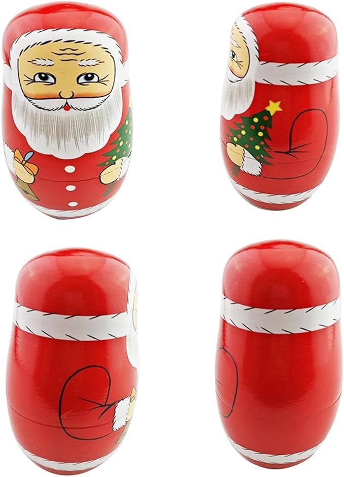 Winterworm Cute Creative Santa Claus's Bringing Kinds of Gifts to You Pattern Handmade Wooden Matryoshka Dolls Russian Nesting Dolls Set 7 Pieces for Kids Toy Birthday Home Decoration
