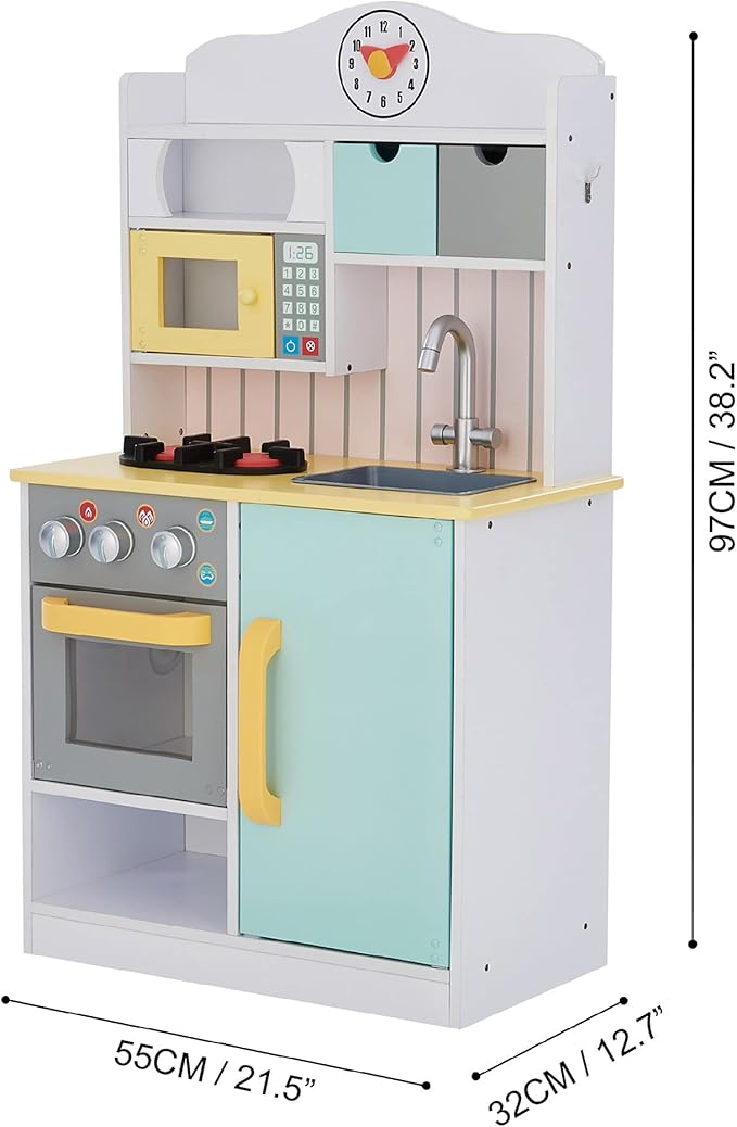 Teamson Kids Little Chef Florence Classic Interactive Wooden Play Kitchen with Accessories and Storage Space for Easy Clean Up, White with Mint Green and Yellow Accents