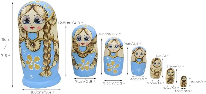 Winterworm® Cute Little Girl with Big Braid Handmade Matryoshka Wishing Dolls Russian Nesting Dolls Set 7 Pieces Wooden Kids Gifts Toy Home Decoration Sky Blue