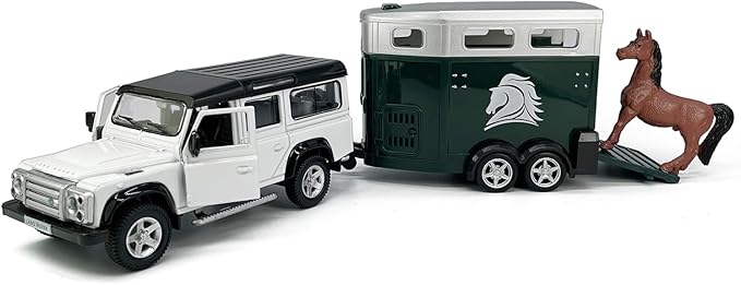 Land Rover Defender Trailer Towing Horse Transporter Farm Trailers, Doors Open, 1/36 Scale Model Car Diecast Metal Toy Cars,3 4 5 6 7 Year Old Kids Boys Gifts, Cake Topper Home Office Décor Collection