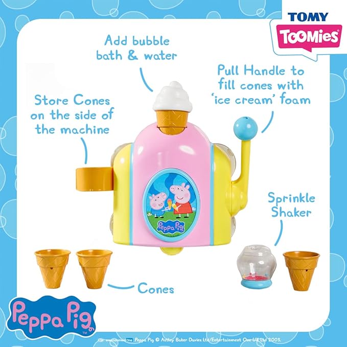 TOMY Toomies Peppa Pig Bubble Ice Cream Maker Bubble Bath Toy - Toddler Bath Toys Bubble Maker - Peppa Pig Toy with Foam-Producing Pump Action - Ages 18 Months and Up