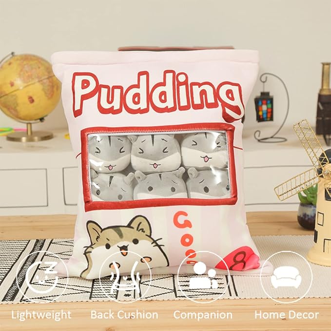 ARELUX Cute Hamster Plush Pudding Pillow:Snack Pillow Toys Bag Removable Stuffed Animal 8Pcs Sets Creative Plush,Soft Hamster Plushie Throw Pillow,Dolls Friends Family Member
