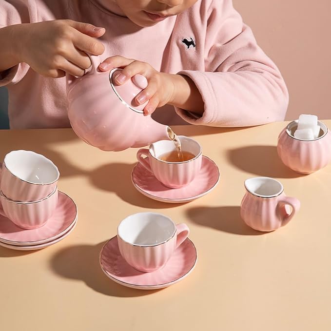 Sweejar Porcelain Tea Set for Little Girls,Kitchen Toys Tea Party Set for Kids Toddler Kitchen Pretend Toy Include Children Teapot, Cup & Saucer Set of 4, Sugar Bowl and Cream Pitcher(Pink)