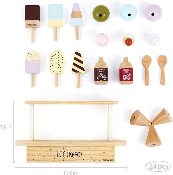 Wooden Ice Cream Toy, Pretend Play Food Toys, Ice Cream Counter Set for Kids, Kitchen Accessories for Toddlers Girls Boys Ages 3+