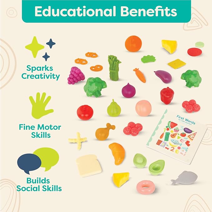 B. toys- Foodie Fun- Pretend Play Food & Board Book Set – 32 Pieces of Play Food – Educational Book for Toddlers – Storage Bucket with Lid – 2 Years +