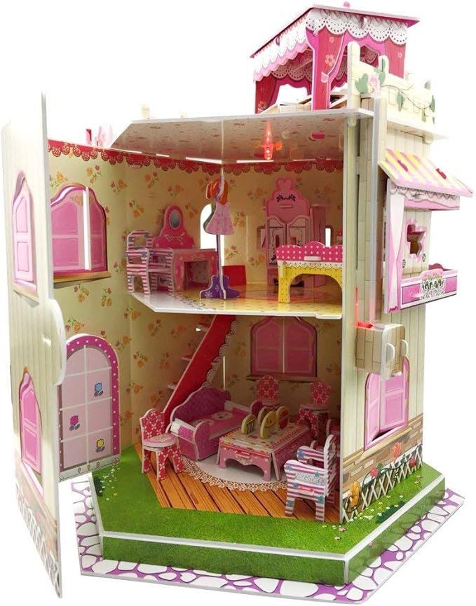 Rooftop Romance 3D Puzzle Dollhouse for Girls - Easy to Assemble 3-D Miniature Doll House Building Kit with LED Light for Kids - Educational Paper Jigsaw Puzzles - Perfect Craft Toys Gift - 101 Pcs