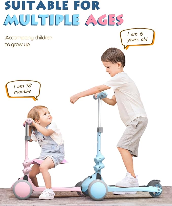 MOUNTALK Kids Scooter for Ages 1-12 Years, 3 Wheels Toddler Scooter for Children Age 1-3/3-5/5-8/8-12 Boys and Girls with Adjustable Heights and LED Wheels