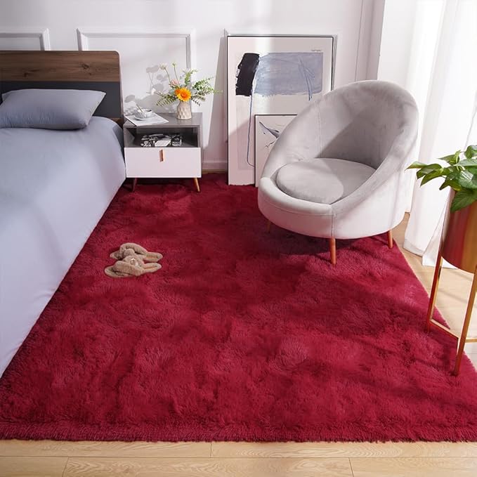Amearea Premium Soft Fluffy Rug 4x5.3 Feet, Fuzzy Area Rugs for Bedroom, Shag Carpet for Living Room Nursery Kids Room Decor, Comfortable Indoor Furry Dorm Carpets, Wine Red