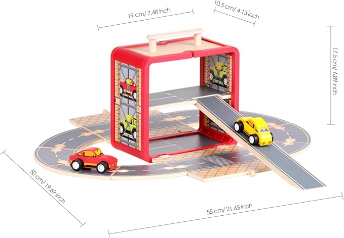 Wooden Toy Car Set for Toddlers, Car Track and Parking Garage Playset, Toy Vehivle Set with Blocks Storage Box for Kids Boys and Girls