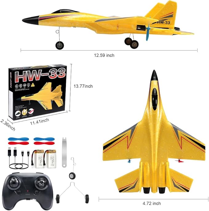 SU-27 RC Airplane,2.4GHz 2 Channel Remote Control Plane with Gyro Night Lights and 2 Batteries, Easy to Fly for Adults, Beginners and Kids Yellow Toy