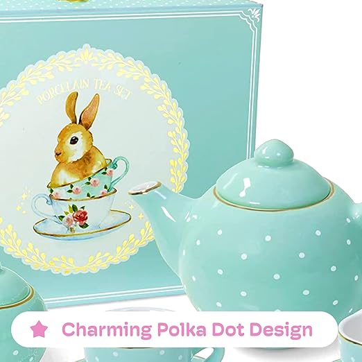 Jewelkeeper Porcelain Tea Set for Little Girls - 13-Piece Tea Party Set with Carrying Case - Kids Tea Set for Ages 3 and Above - Safe and Durable Mini Tea Cup and Saucer Set - Turquoise Polka Dot