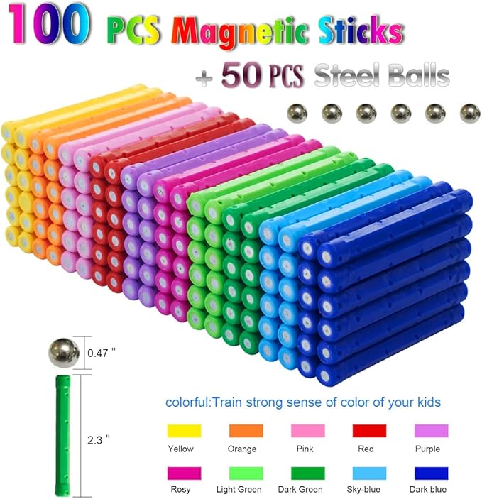 150Pcs Magnetic Building Sticks Blocks Toys, 2.3" Length Magnet Educational Toys Set for Kids and Adult, STEM Building Toy 3D Non-Magnetic Balls with Storage Bag