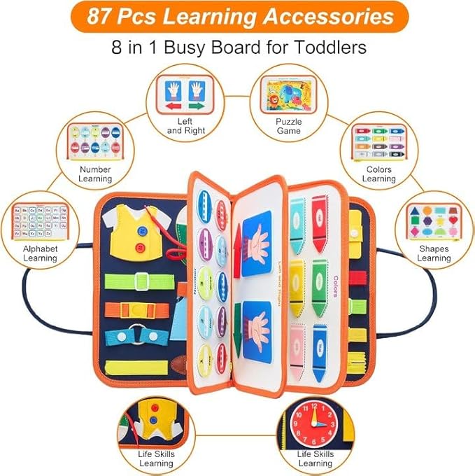 Freebear Busy Board, Toddler Travel Toys, Sensory Toys for Toddlers 2 3 4, Montessori Learning Toys for Toddlers Activities Board, Educational Toys for 2 3 Year Old Boys Girls Gift, Dark Blue Medium