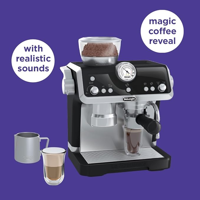 Casdon De'Longhi Toys Barista Coffee Machine. Toy Kitchen Playset for Kids with Moving Parts, Realistic Sounds and Magic Coffee Reveal. For Children Aged 3+, Silver, Black