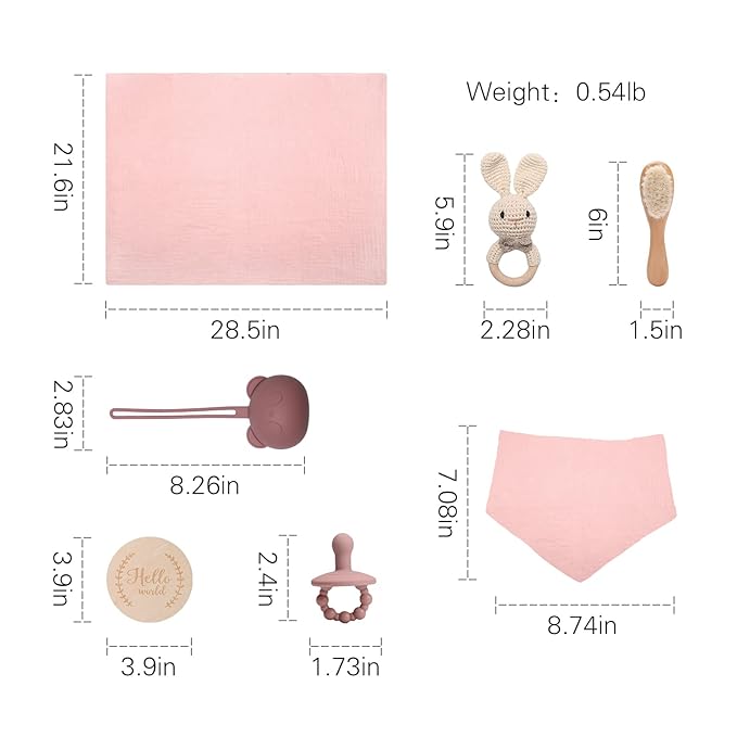 Baby Gift Set for Newborn, New Baby Bath Gift Set, 7 Pcs Baby Essentials Shower Set with Bath Towel, Teether, Rattle Toy, Pacifier Bag, Drool Towel, Brush, Wooden Milestone for Boy & Girls (Pink)