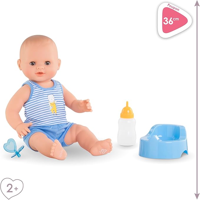Corolle Drink and Wet Bath Baby Paul - 14” Boy Baby Doll with 3 Accessories - Bottle, Potty, and Pacifier - Really Drinks and Goes Potty, for Kids Ages 2 Years and up