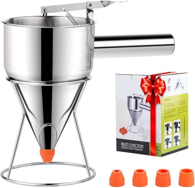40oz Pancake Batter Dispenser, Stainless Steel 4 Caliber Funnel Cake Dispenser with Stand Great for Pancakes, Cupcakes and Baked Goods