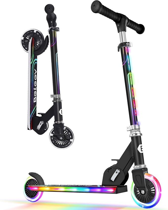 BELEEV V2 Scooters for Kids with Light-Up Wheels & Stem & Deck, 2 Wheel Folding Scooter for Girls Boys, 3 Adjustable Height, Non-Slip Pattern Deck, Lightweight Kick Scooter for Children Ages 3-12