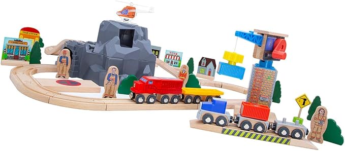 Lift and Load Wooden Train Set with Magnetic Crane, Magnetic Helicopter, Large Diesel Engine, Semi-Truck, Shipping Container Flat Car Compatible with Thomas, Brio, Chuggington, Melissa & Doug