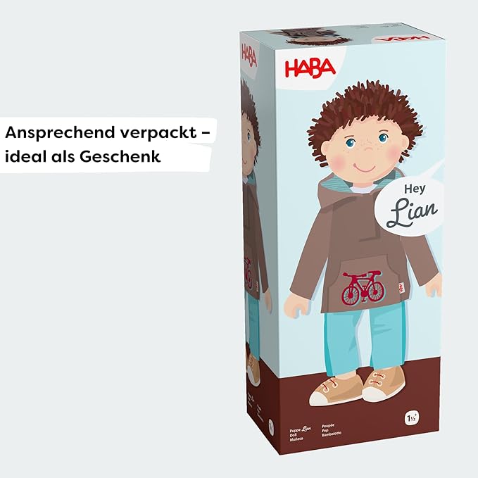 HABA Lian 12" Soft Doll - Baby Boy Doll with Brown Hair and Blue Eyes, Perfect Plush Toy for 18 Months & Up with Embroidered Face (Machine Washable)