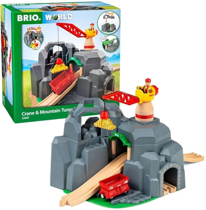 BRIO World - 33889 Crane & Mountain Tunnel | 7 Piece Toy Train Accessory for Kids | Interactive Play | FSC Certified Wood | Perfect for Ages 3 and Up