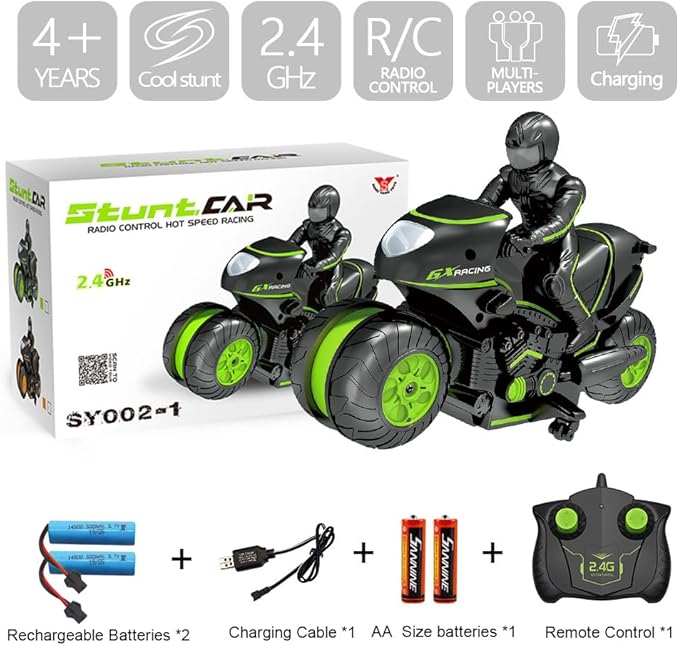 RC Motorcycle, High Speed Remote Control Motorcycle, 2.4GHz 360 Rotating Drift Stunt Car Motorbike Toy for Kids Ages 4 and Up (Green)