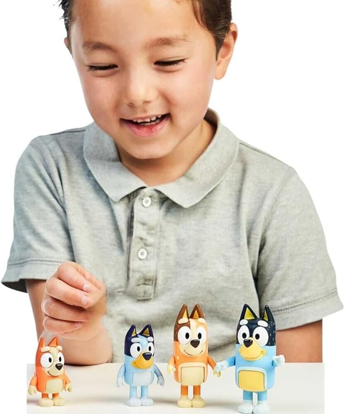 Bluey Family Figure 4-Pack – Includes Bluey, Bingo, Mum (Chilli) & Dad (Bandit), Poseable Collectible Toys for Kids, Durable Cake Toppers, for Toddlers & Fans, Ages 3+