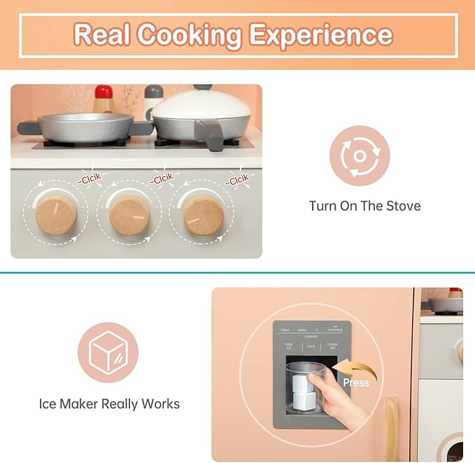 Bruvoalon Wooden Play Kitchen Toy Set for Kids, with Realistic Design, Sink with Faucet, Oven, Microwave, Utensils, Kitchenware Play Food Set Accessories, Birthday Gifts for Toddlers Boys Girls (Pink)