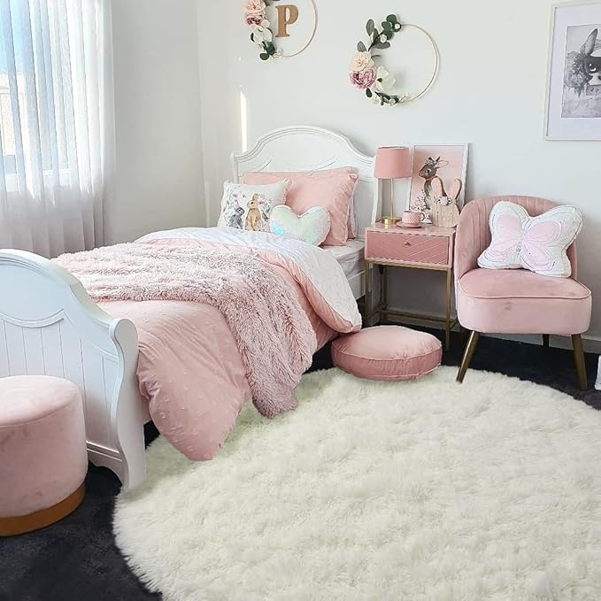 Amdrebio Ivory White Round Rug 4Ft for Kids Bedroom Aesthetic, Washable Fluffy Fuzzy Circle Area Rugs for Living Room, Circular Plush Soft Shaggy Cream Carpet for Baby Nursery Dorm Teen Girls Boys