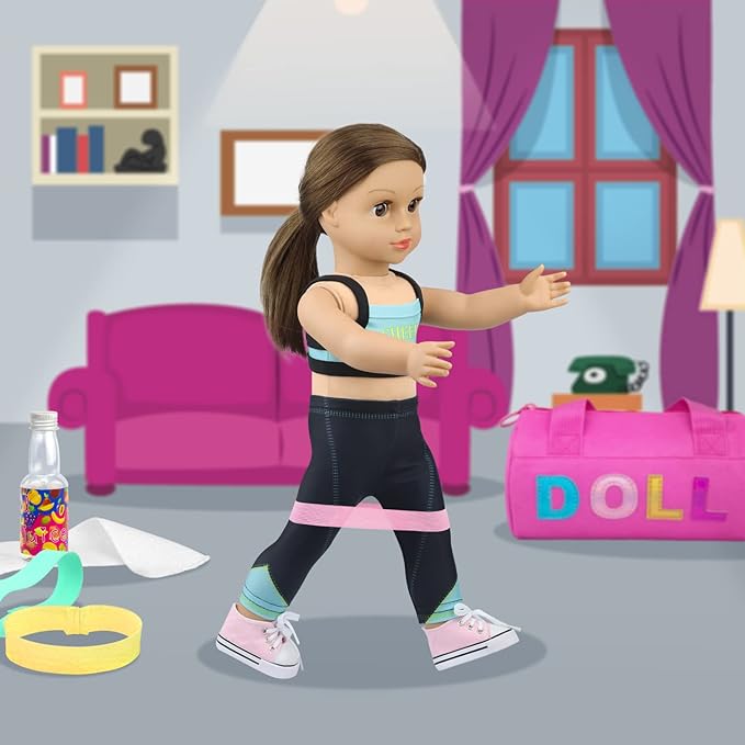 Ecore Fun 8 Piece 18 Inch Girl Doll Clothes and Accessories Set Include Yoga Sport Clothes Shoes Yoga Bands Towel Drink and Bag