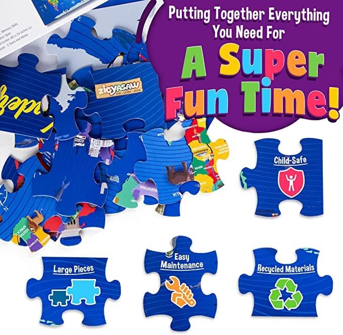 Zigyasaw World Map Puzzle Game - 54 Piece Floor Puzzles for Kids Ages 4-8+ - Educational Geography Game with Quiz Cards - Learning and Intellectual Development Jigsaw Puzzles