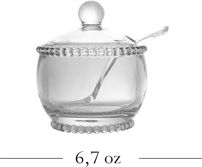 WOLFF - Pearl Crystal Beaded Sugar Bowl with Lid and Spoon - Sugar Holder, Dish for Candy Dispenser, Jelly Jar (Clear, Sugar Bowl)