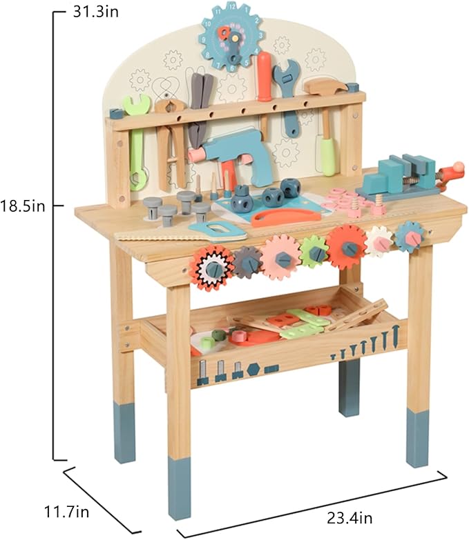 Wooden Power Tool Workbench for Kids, Building Tools Sets Pretend Play Toys - Construction Workbench with Wrench, Screwdriver, Miter Saw and Hammer - Educational Gift for Toddlers Age 3 and Up