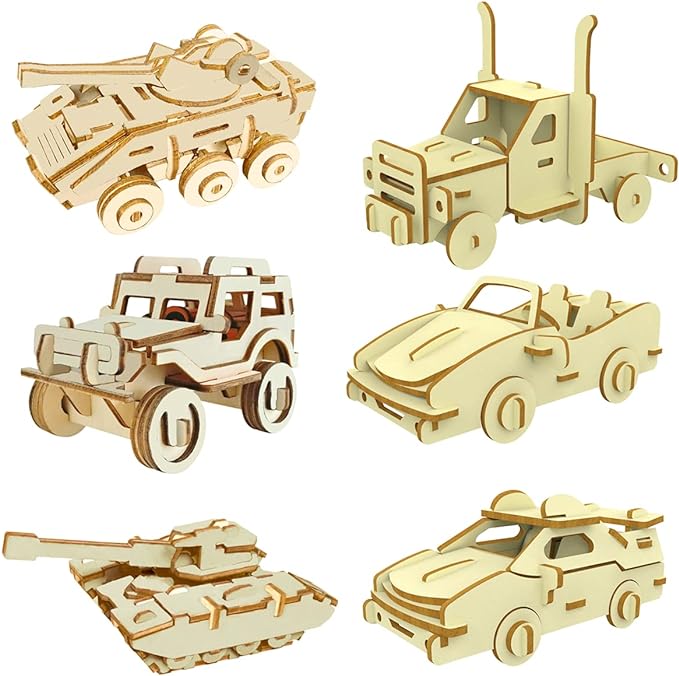 3D Wooden Puzzle - 6 Piece Set Wooden Car Brain Teaser Puzzle - DIY Assembly Car Building Model Kits - Wood STEM Toys Gifts for Kids and Adults Teens Boys Girls