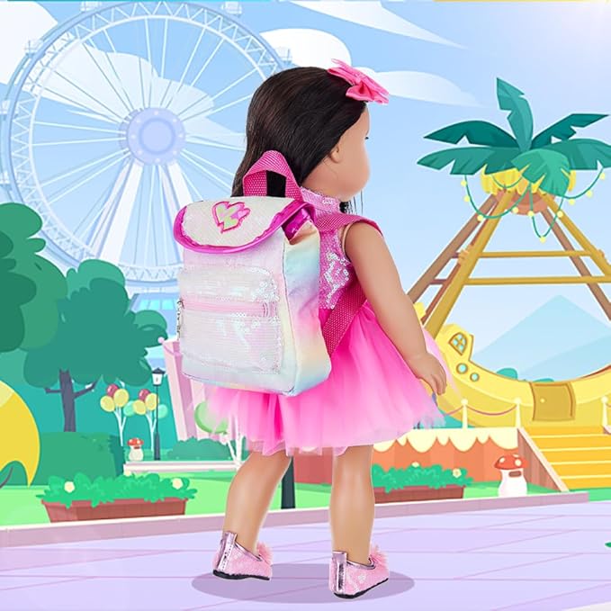 American 18 Inch Doll Clothes and Accessories, Sequin Doll Backpack Accessories Set Included 18 inch Girl Doll Backpack,Sequin Gauze Dress,Doll Shoes,Bow Knot Hairpin,Hand Chain(No Doll)